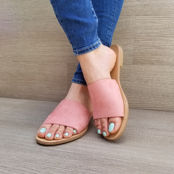 Suede Slip on Slider Pink Flat Sandals-C - Picture 3 of 8